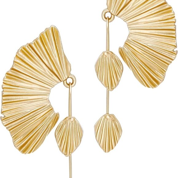 Jewelry - Statement Earrings for Women by , Gold Dangle Earrings, Leaf Fan Shape Flower Ea